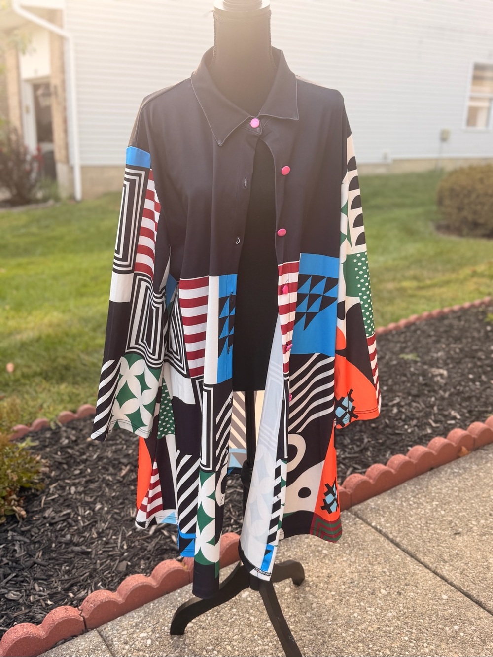 Multicolor Geometric Print Button-Front Women’s Dress